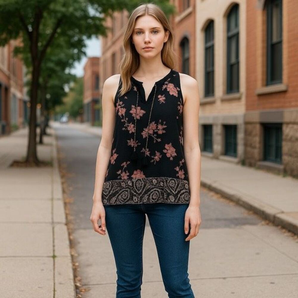 Lucky Brand Women’s Bohemian Floral Mixed Print Tie Fringe Blouse XS Peasant‎